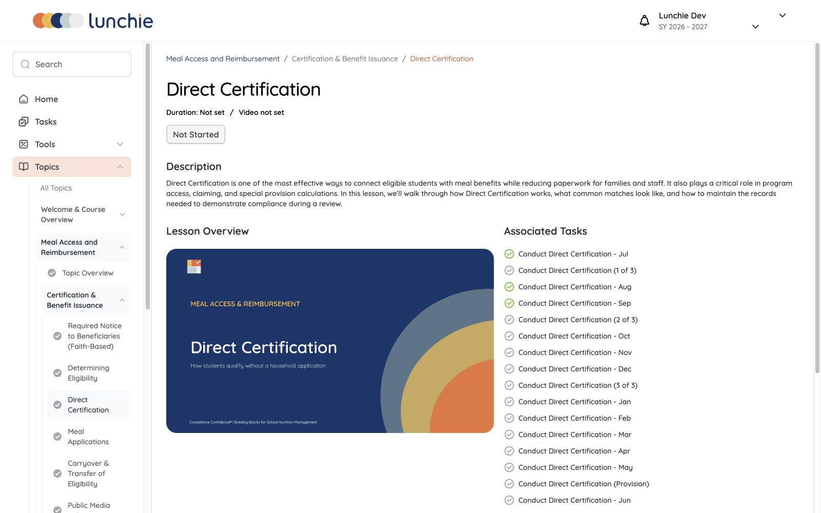 Lunchie Compliance Confidence curriculum lesson with an overview and associated compliance tasks