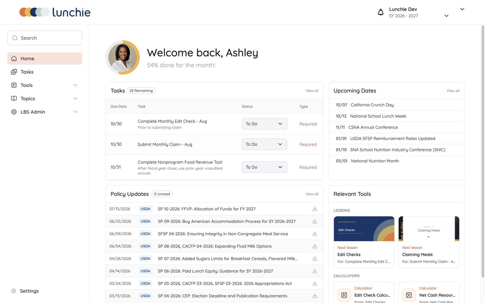 Lunchie desktop dashboard showing compliance tasks, upcoming dates, policy updates, and relevant tools