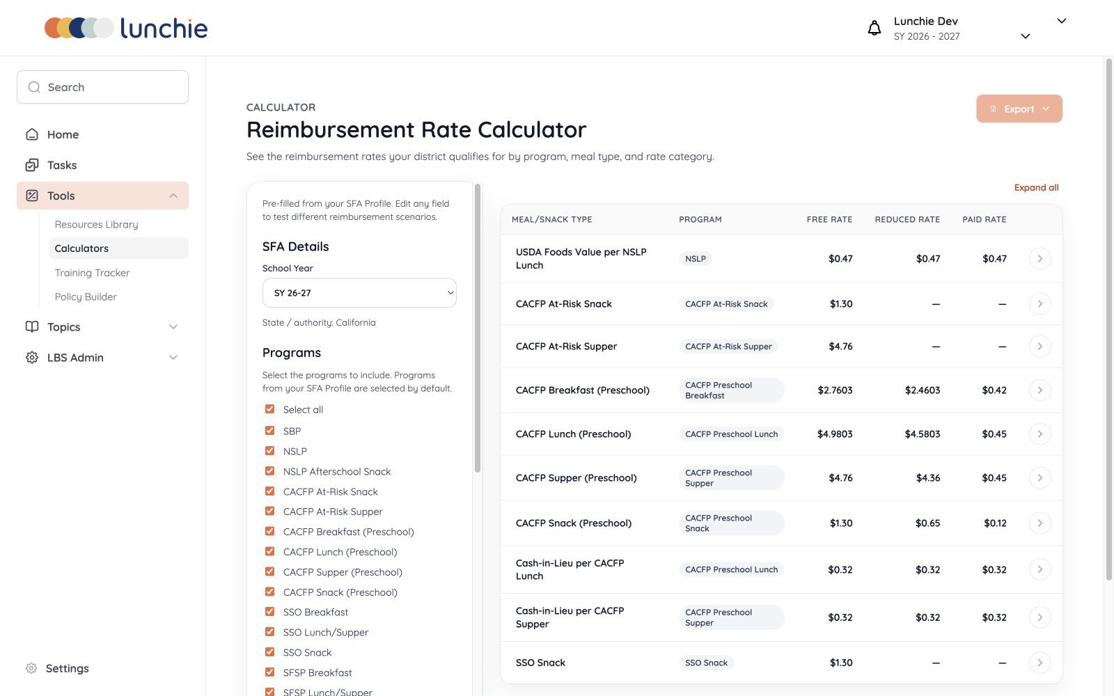 Lunchie Reimbursement Rate Calculator showing program selections and reimbursement rates